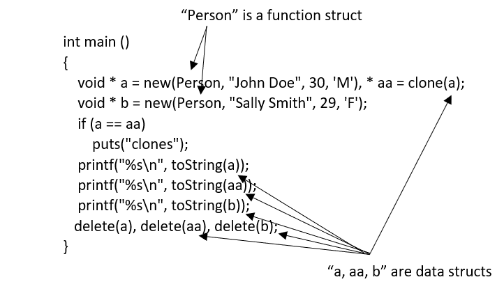 Person is a function struct whereas the variables are data structs